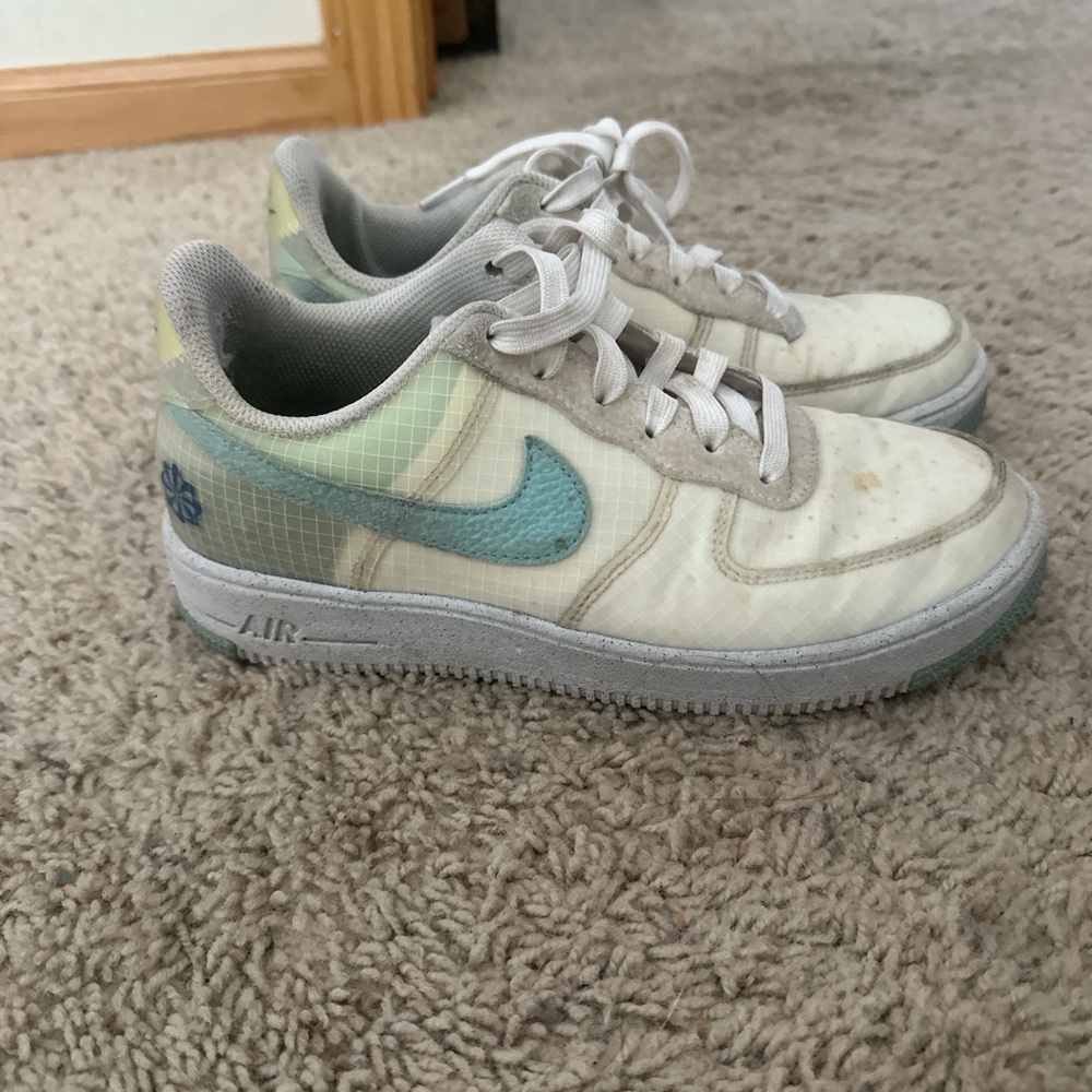 Nike Air Force 1 Low White and Light Blue Sneakers. Youth